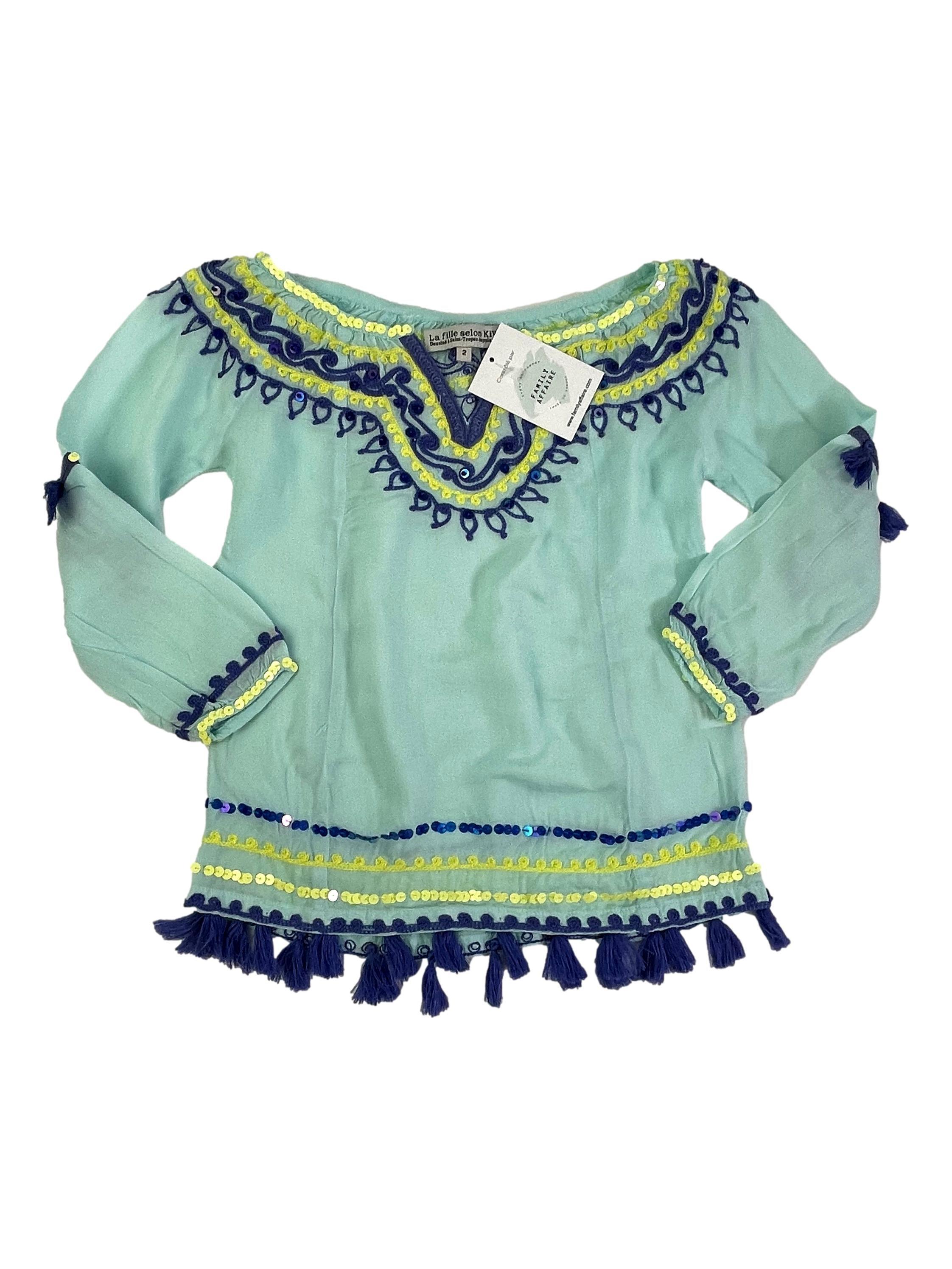 KIWI 2 ans tunique robe plage bleu et broderies FAMILY AFFAIRE