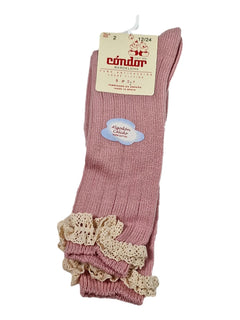 CONDOR outlet 12/24m chaussette haute cotelé dentelle rose