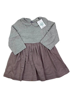 BOBINE 4 ans robe bi matière gris et pieds de poule rose