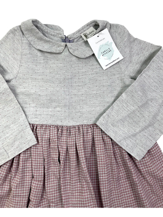 BOBINE 4 ans robe bi matière gris et pieds de poule rose