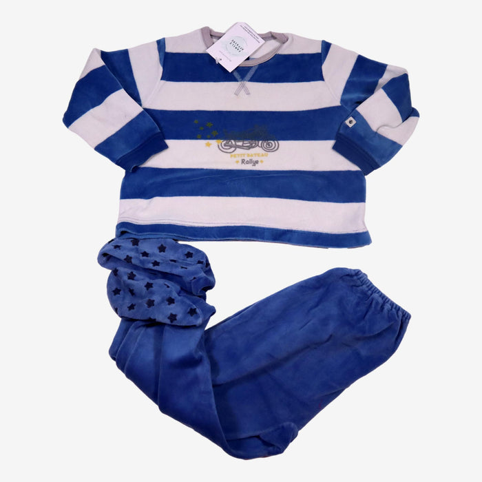 PETIT BATEAU 3 ans Ensemble pyjama velours rayé bleu et blanc