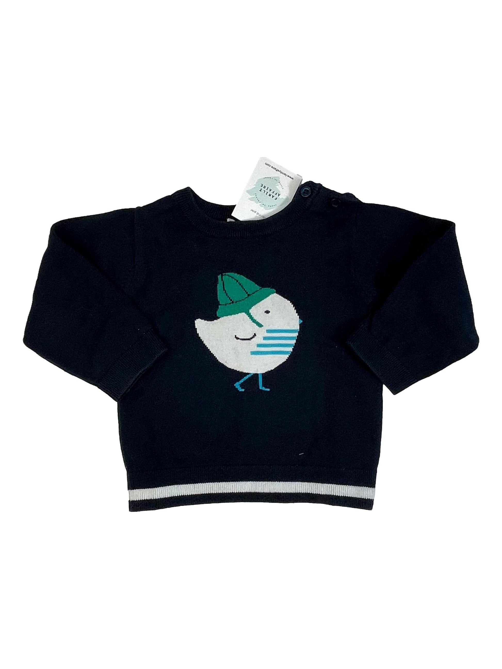 JACADI 2 ans Pull bleu dessin oiseau bonnet