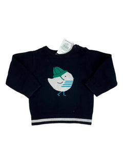 JACADI 2 ans Pull bleu dessin oiseau bonnet