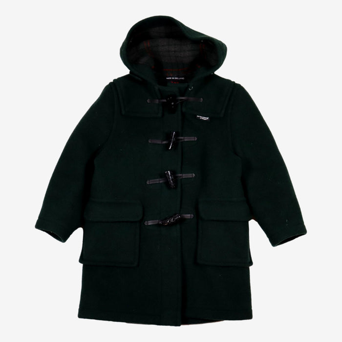 Manteau duffle coat enfant vert sapin Gloverall, laine, taille 7 ans, seconde main.