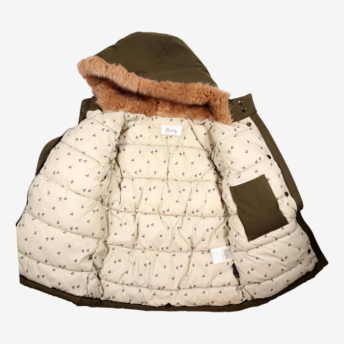 BONPOINT 4 ans manteau en plume vert et capiuche fourrure