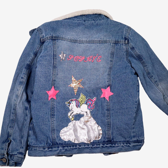 12 ans veste jean intérieur mouton brodée & licorne