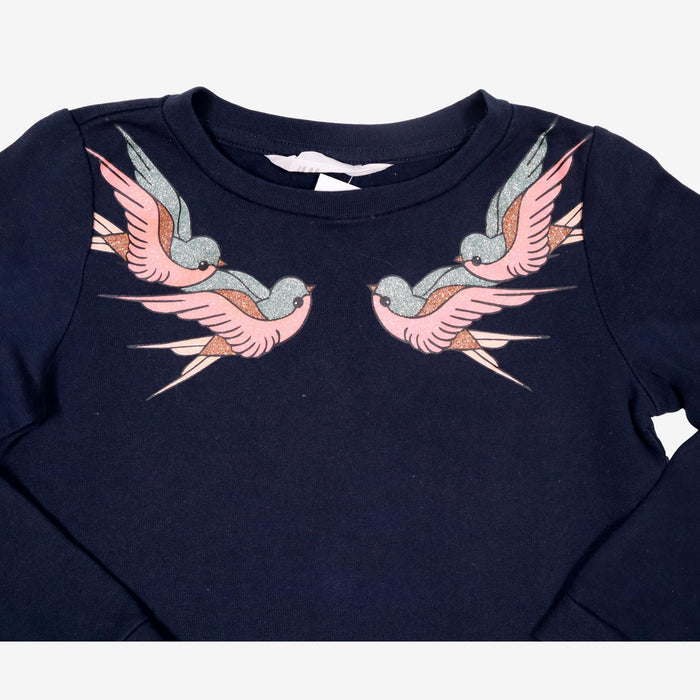 H&M 8 ans sweat  bleu oiseaux et paillettes