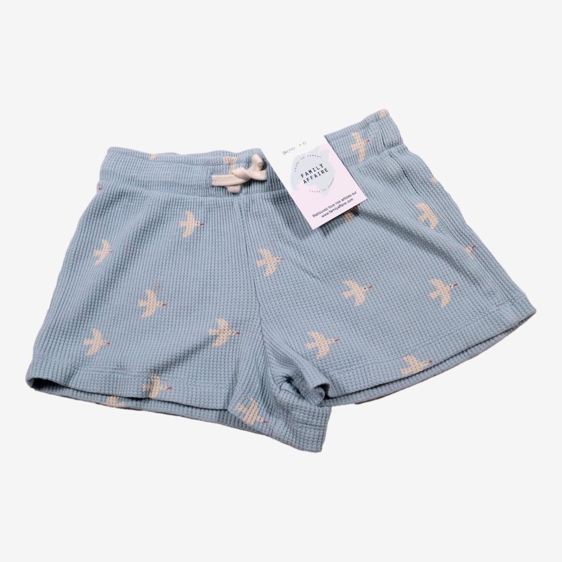 TINYCOTTONS 3 ans Short bleu gauffré oiseaux