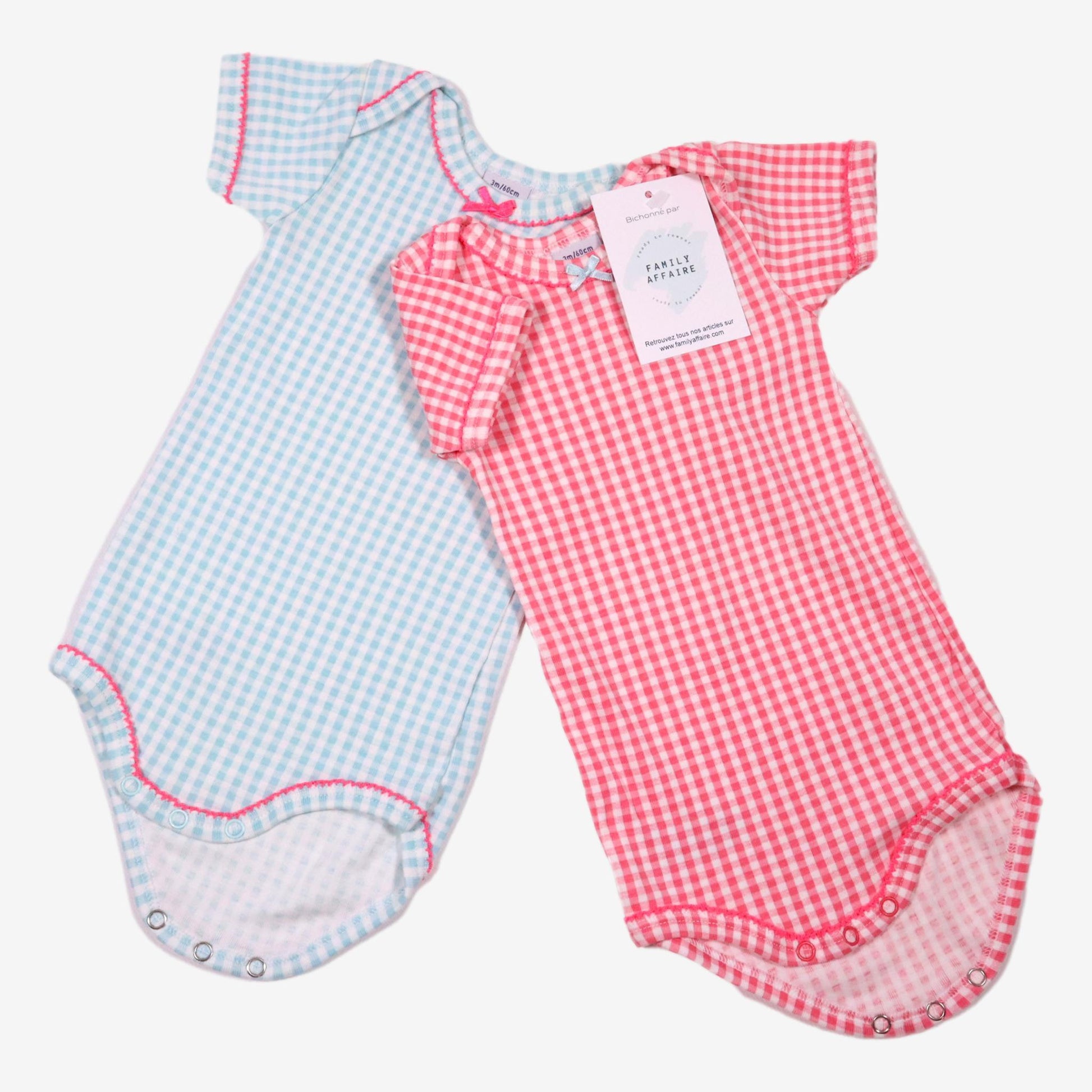 PETIT BATEAU 3 mois LOT 2 bodys quadrillés rose & bleu