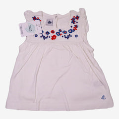 PETIT BATEAU 3 ans haut blanc brodé fleurs bleus et rouges