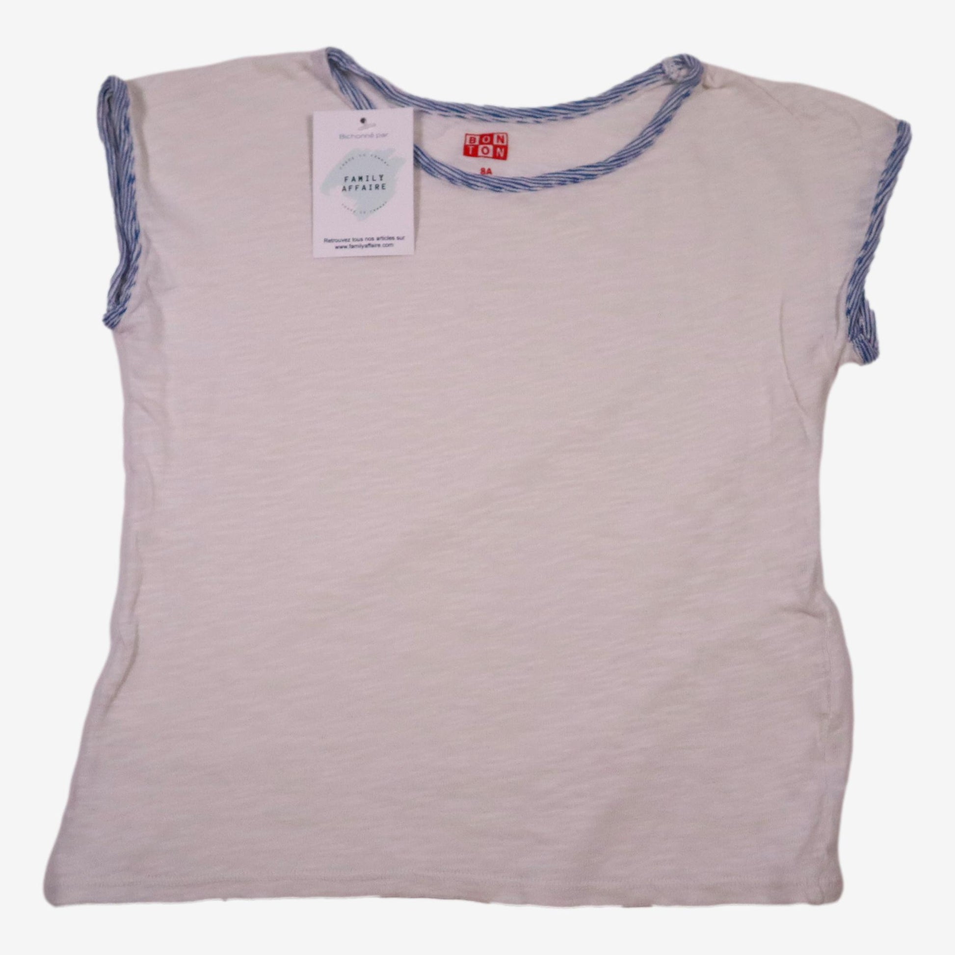 BONTON 8 ans t-shirt blanc col et manche bleu