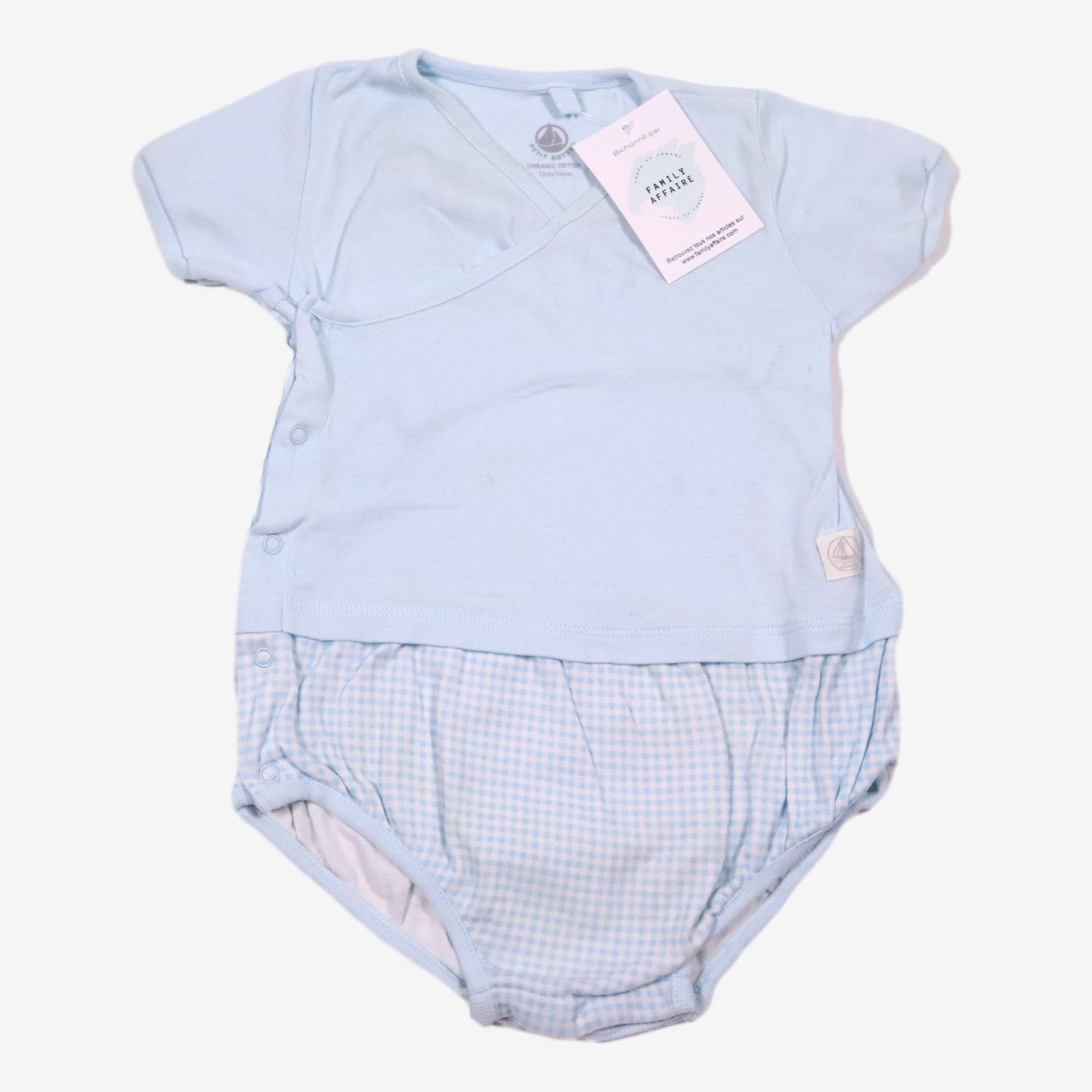 PETIT BATEAU 12 mois body bleu claire cache coeur