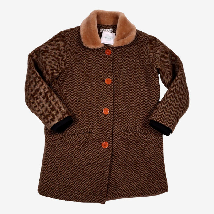 EMILE & IDA 8 ans manteau col fausse fourrure marron motif chevron