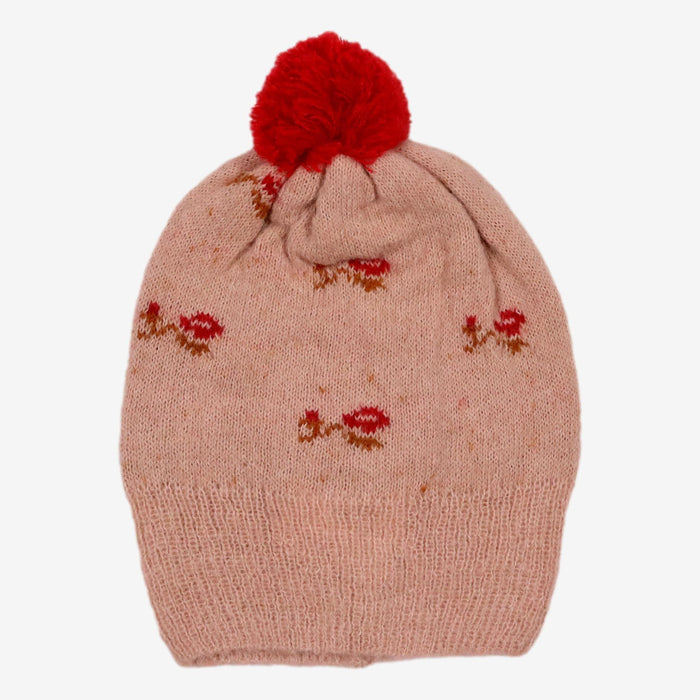 EMILE & IDA 6/8 ans bonnet beige fleur rouge et ponpon