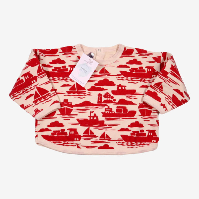 PETIT BATEAU 18 mois sweat beige à motifs bateaux rouges